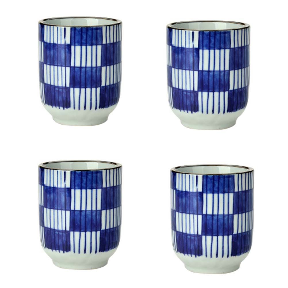 4Pcs Japanese Style Blue White Blocks Ceramic Teacups Small Straight Wine Cups 150ML