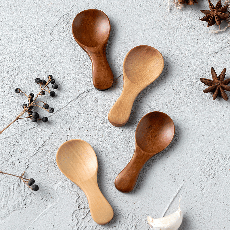 4Pcs Mini Wooden Spoons; Small Spice Condiment Spoon; Sugar Tea Coffee Scoop; Short Handle Wood Spoon; Jam Mustard Ice Cream Wood Spoons; Kitchen Gadgets
