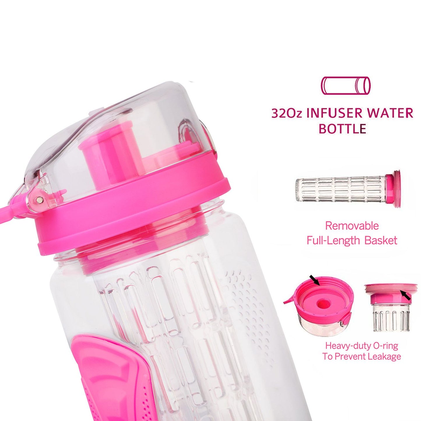 Fruit Infuser Water Bottle 32OZ Juice Shaker Sport w/ Flip Top Lid Anti-Slip Grips