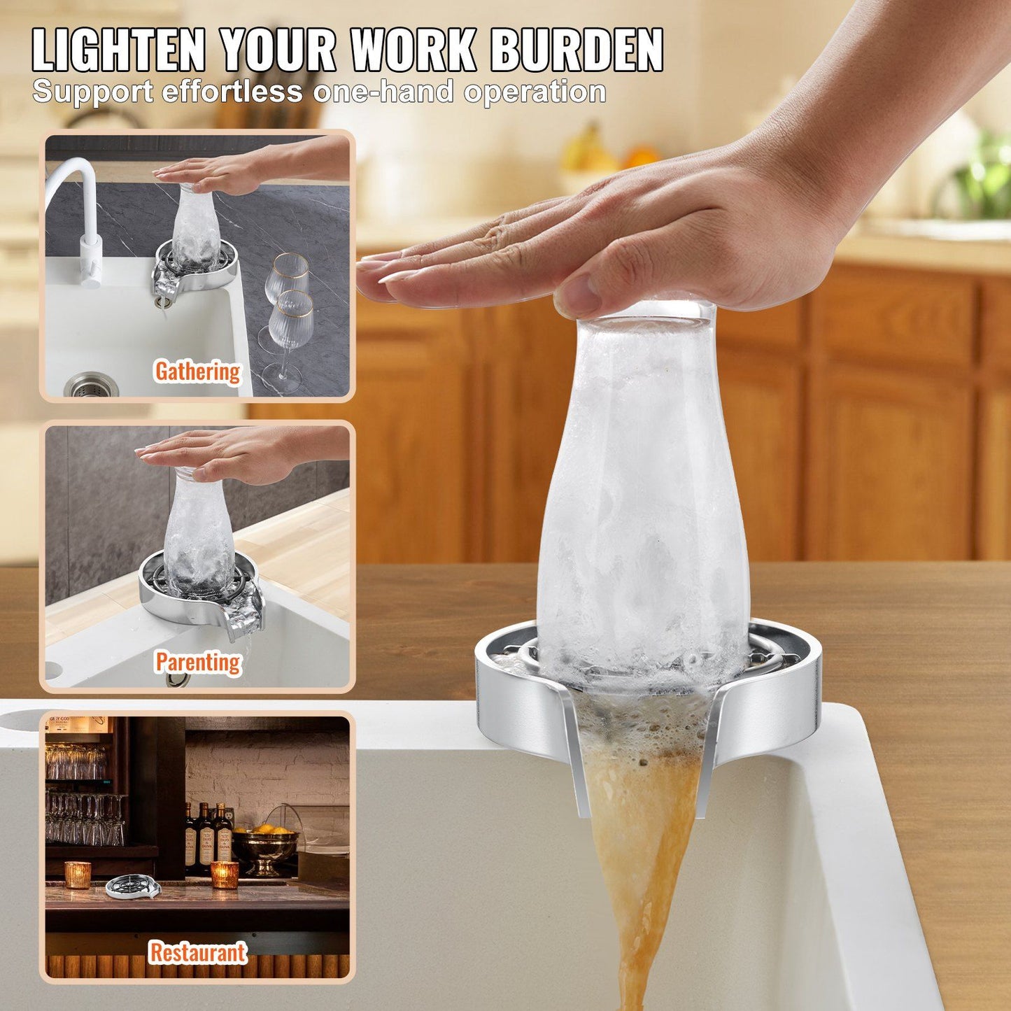 VEVOR Glass Rinser, 10 Powerful Spraying Jets 360° Rotating Cup Rinser for Sink, Wearproof ABS Kitchen Sink Faucet Cup Washer & ABS Cup Holder for Baby Bottle, Glass Cup, Wine Glass(Silver Grey Base)