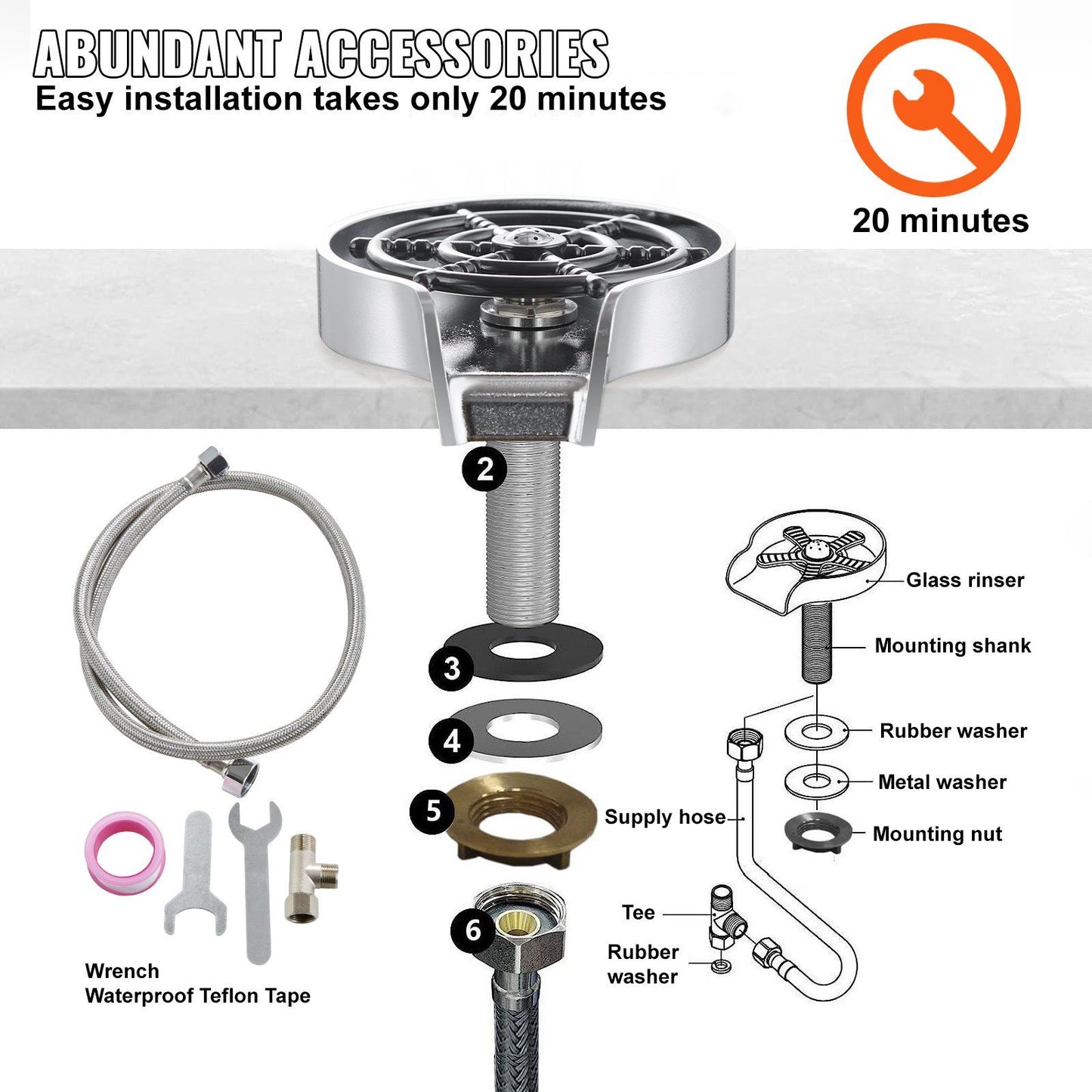 VEVOR Glass Rinser, 10 Powerful Spraying Jets 360° Rotating Cup Rinser for Sink, Wearproof ABS Kitchen Sink Faucet Cup Washer & ABS Cup Holder for Baby Bottle, Glass Cup, Wine Glass(Silver Grey Base)