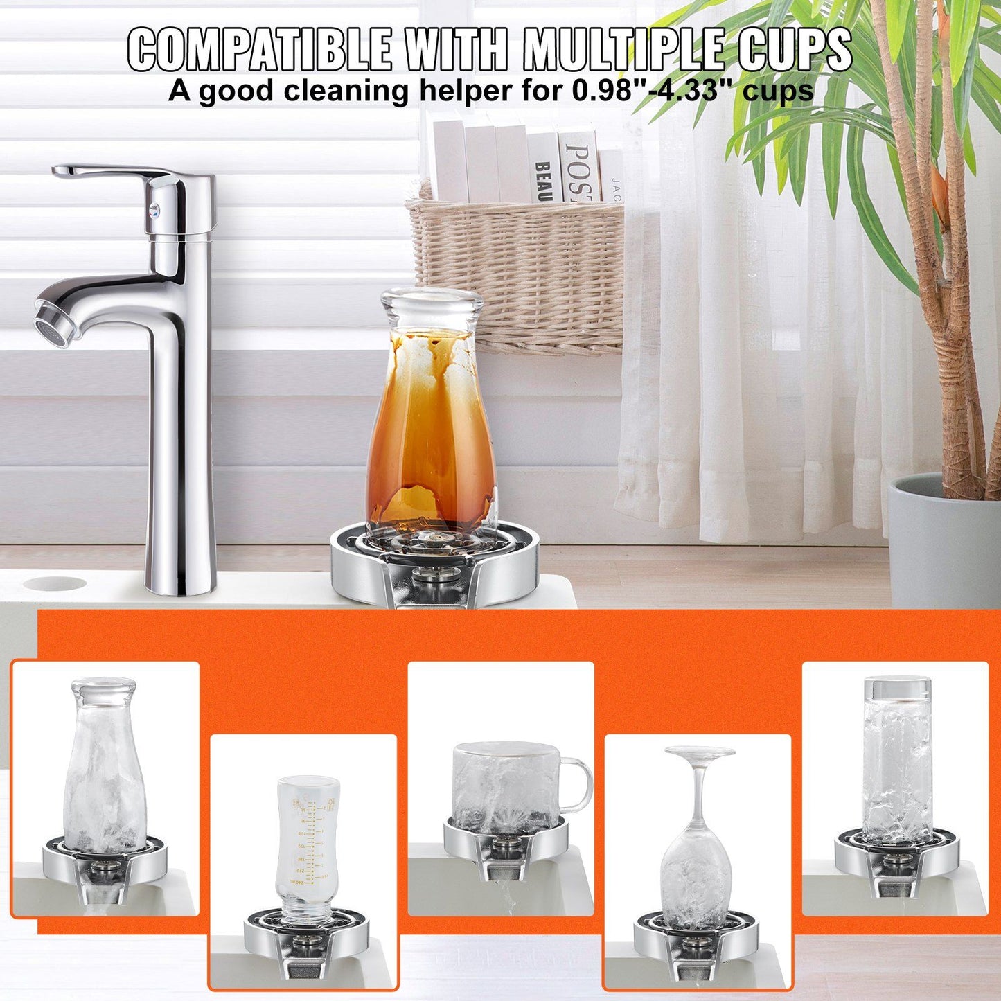 VEVOR Glass Rinser, 10 Powerful Spraying Jets 360° Rotating Cup Rinser for Sink, Wearproof ABS Kitchen Sink Faucet Cup Washer & ABS Cup Holder for Baby Bottle, Glass Cup, Wine Glass(Silver Grey Base)