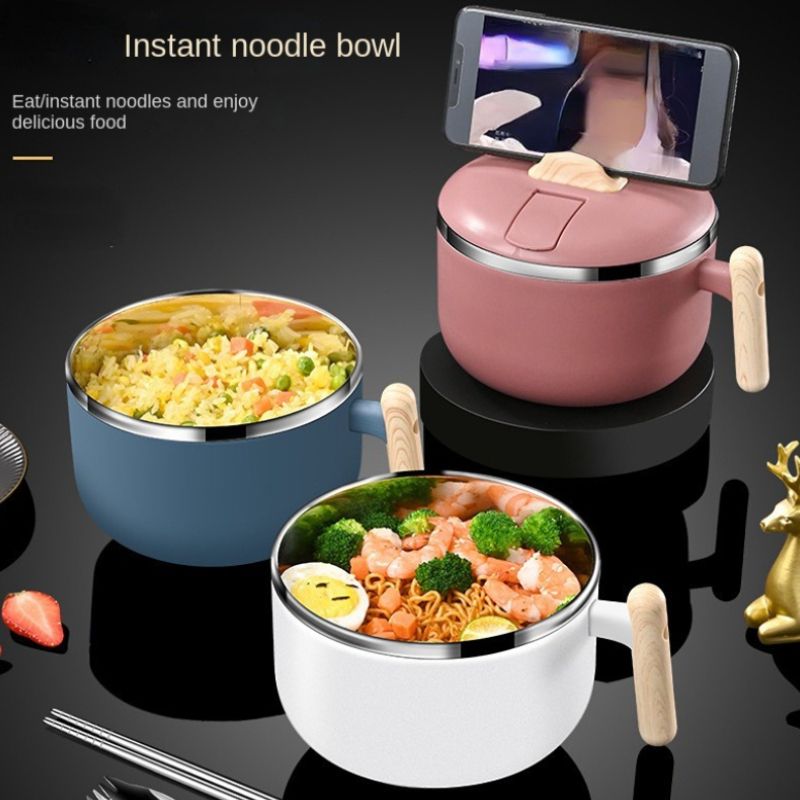 1pc 304 Stainless Steel Instant Noodle Bowl; Large Capacity Instant Noodle Bowl With Lid; Dual-purpose Anti-scalding Portable Tableware; Student Lunch Box