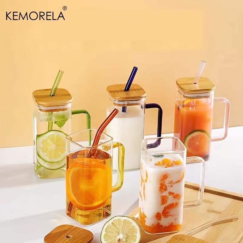 1pc; 13.5oz Small Cute Glass Cups With Lids And Straws