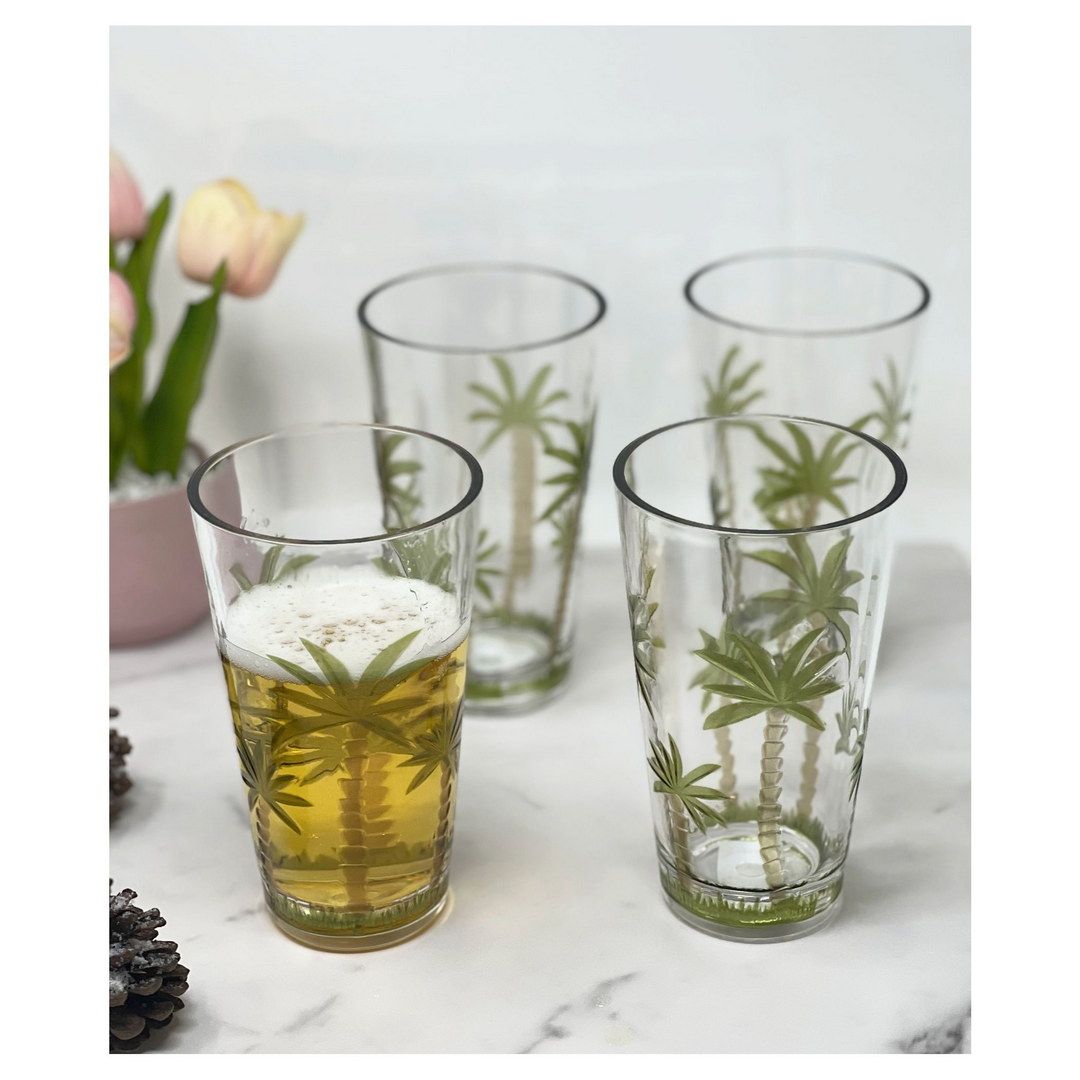 Palm Tree Design Acrylic Glasses Drinking Set of 4 Hi Ball (20oz), Plastic Drinking Glasses, BPA Free Cocktail Glasses, Drinkware Set, Plastic Water Tumblers