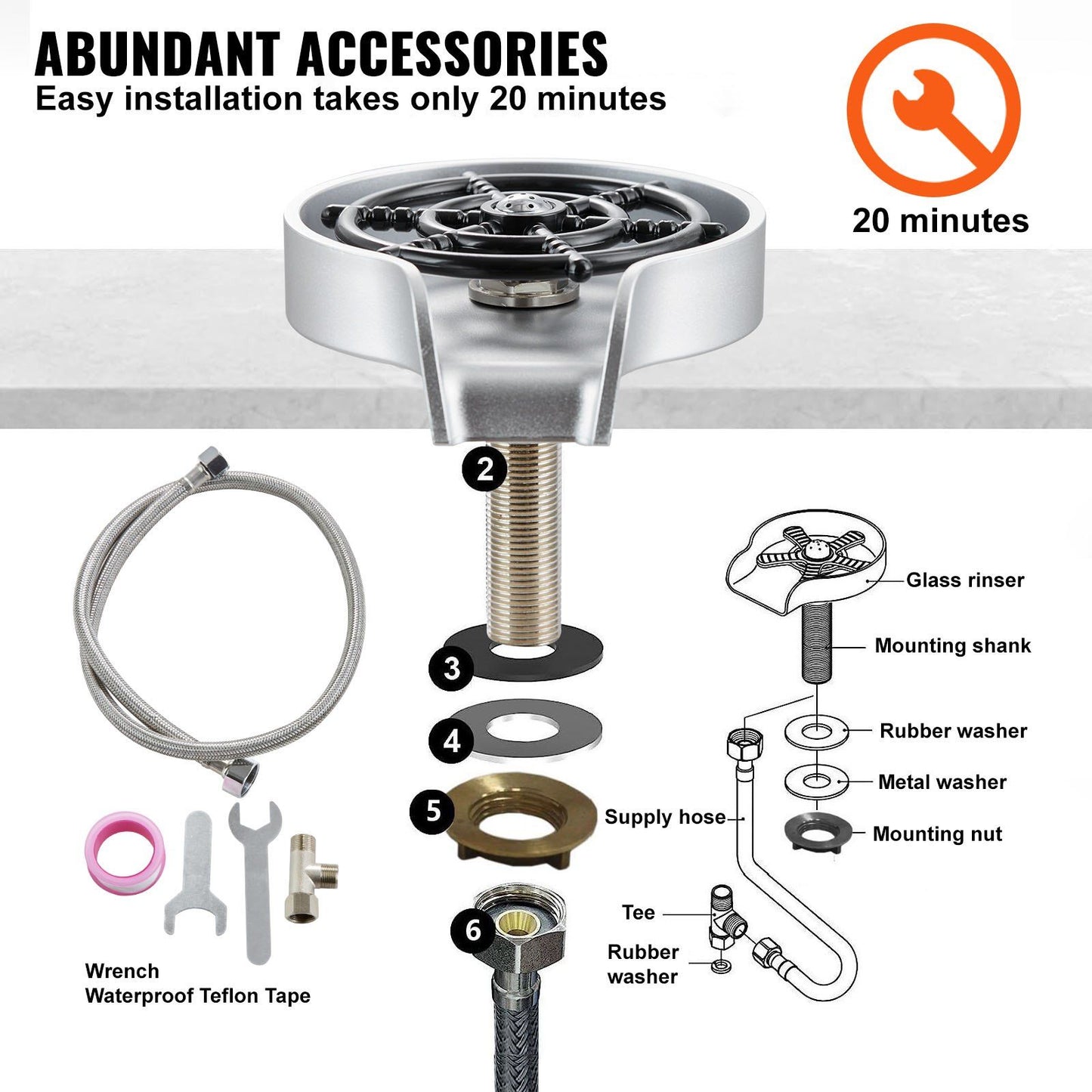 VEVOR Glass Rinser, 10 Powerful Spraying Jets 360° Rotating Cup Rinser for Sink, Wearproof ABS Sink Faucet Cup Washer & ABS Cup Holder for Baby Bottle, Glass Cup, Wine Glass (Silver-White Base)