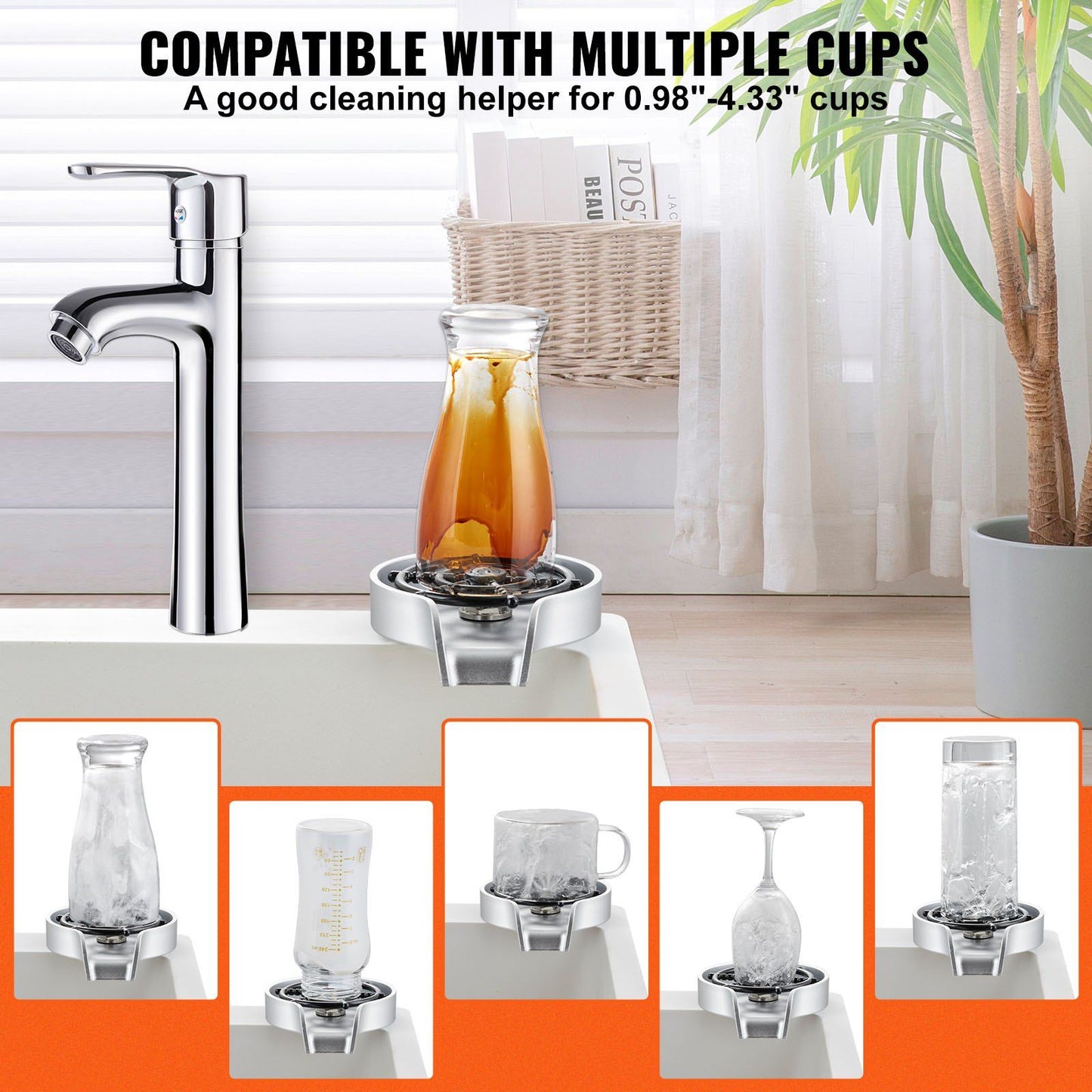 VEVOR Glass Rinser, 10 Powerful Spraying Jets 360° Rotating Cup Rinser for Sink, Wearproof ABS Sink Faucet Cup Washer & ABS Cup Holder for Baby Bottle, Glass Cup, Wine Glass (Silver-White Base)