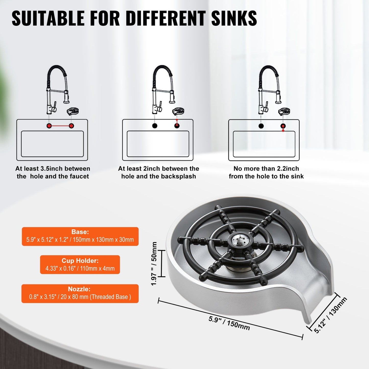 VEVOR Glass Rinser, 10 Powerful Spraying Jets 360° Rotating Cup Rinser for Sink, Wearproof ABS Sink Faucet Cup Washer & ABS Cup Holder for Baby Bottle, Glass Cup, Wine Glass (Silver-White Base)