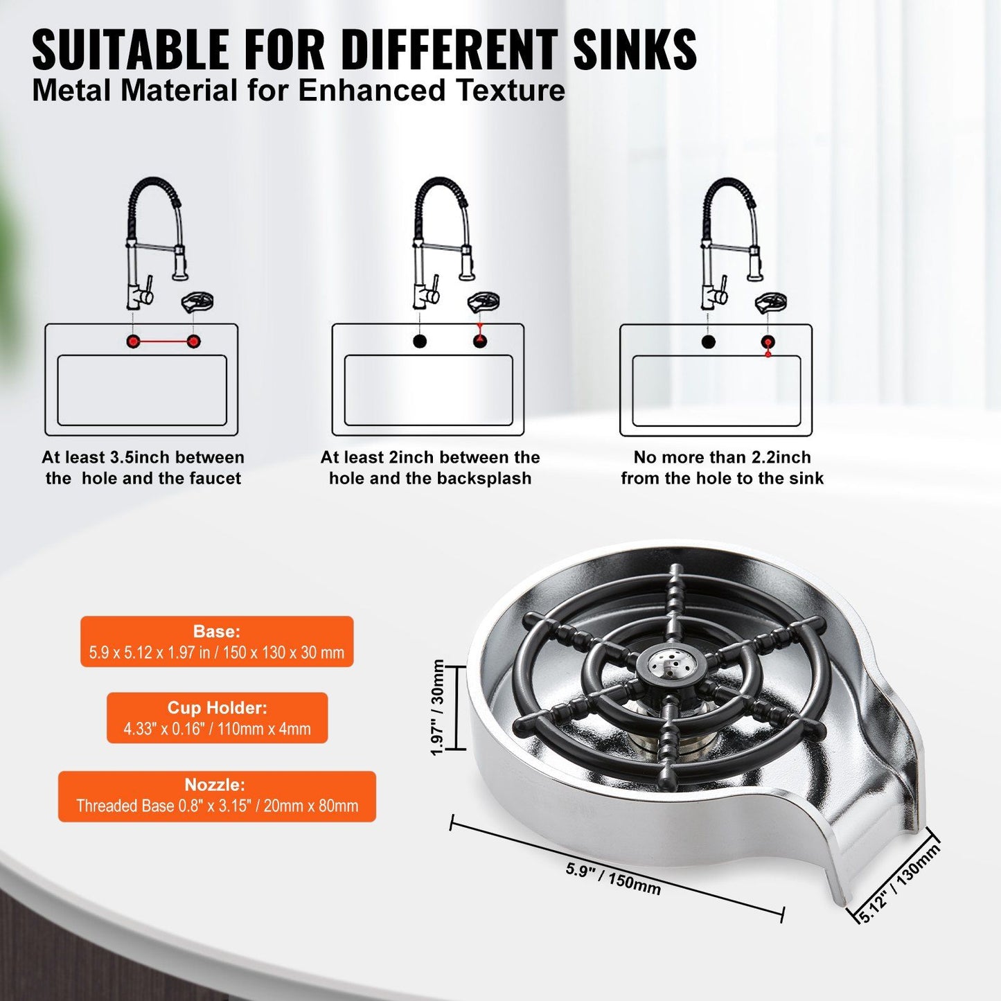 VEVOR Glass Rinser, 10 Powerful Spraying Jets 360° Rotating Cup Rinser for Sink, Wearproof ABS Kitchen Sink Faucet Cup Washer & ABS Cup Holder for Baby Bottle, Glass Cup, Wine Glass(Silver Grey Base)
